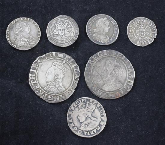 Two Elizabeth I shillings, a Mary and Philip groat, a 1787 sixpence, Louis XIV 1/12 ecu and two medieval silver pennies
